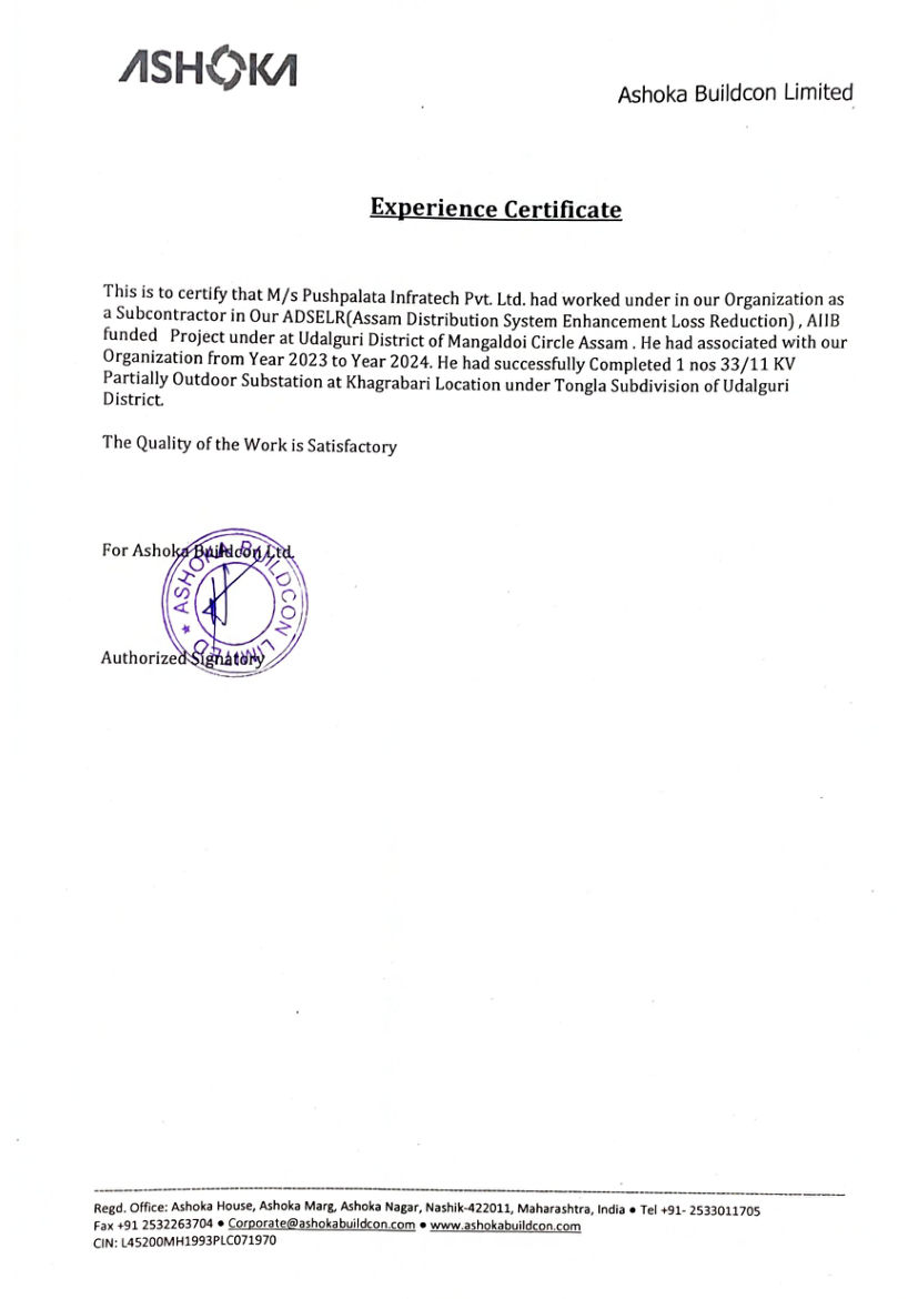 Experience Certificate for 33/11 kV Partially Outdoor Substation, Khagrabari — ADSELR Project