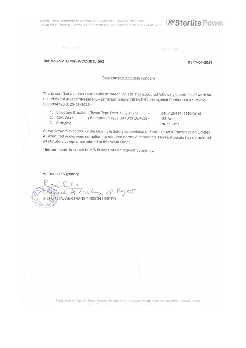 Experience Certificate for POWERGRID Jamnagar RIL – Jamkhambaliya 400 kV D/C Transmission Line