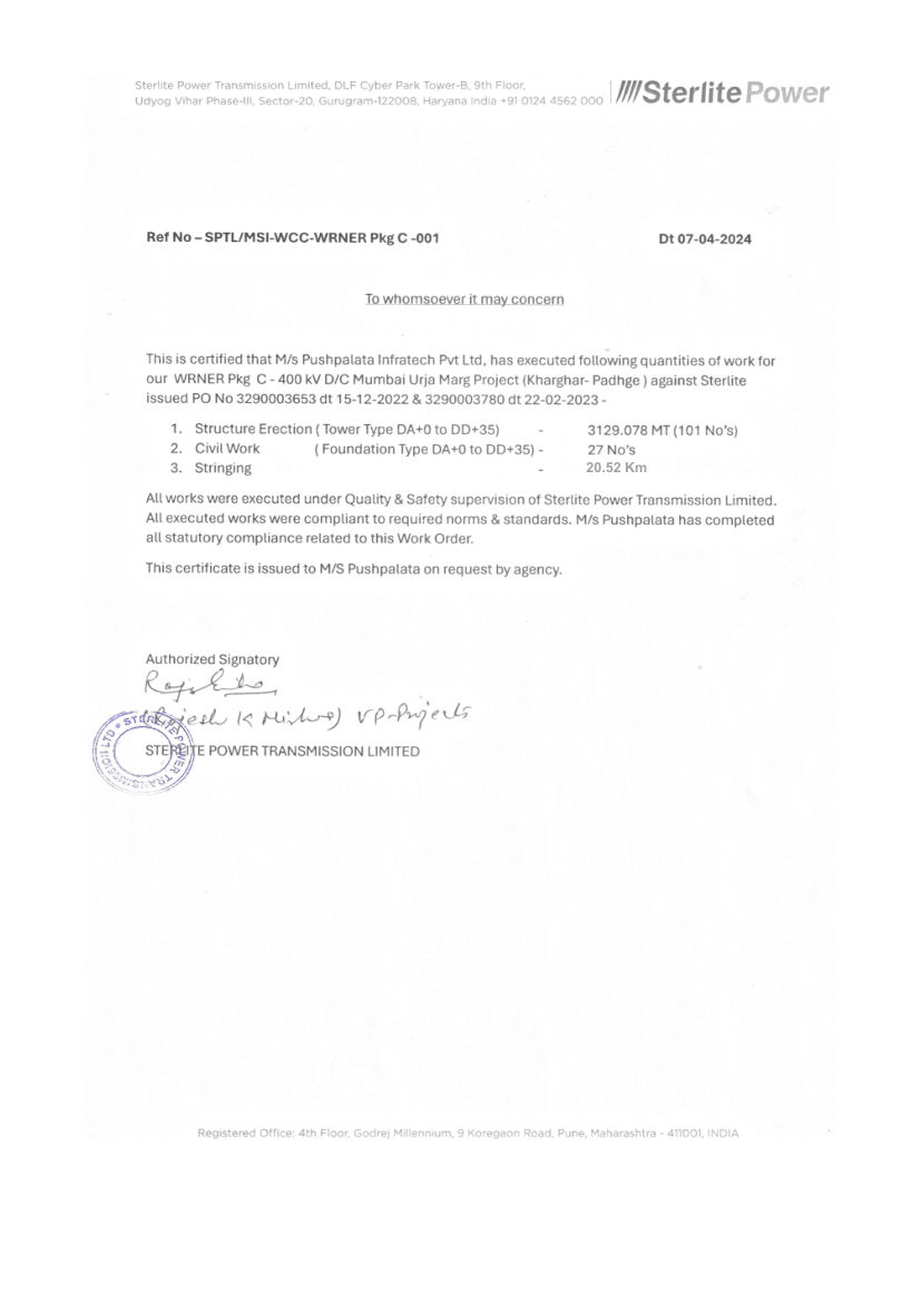 Experience Certificate for 400 kV D/C Mumbai Urja Marg Project (Kharghar – Padghe), WRNER Pkg C