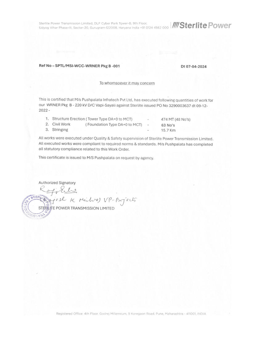 Experience Certificate for 220 kV D/C Vapi – Sayali Transmission Line, WRNER Pkg B